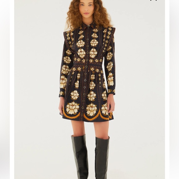 FARM Rio Dresses & Skirts - FARM Rio Black Embroidered Flowers Long Sleeve Organic Cotton Mini Dress